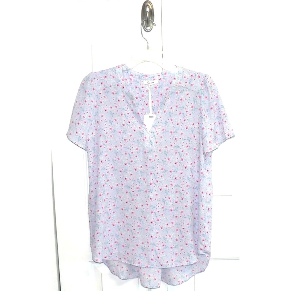 Pleione Women's Split Neck Short Sleeve Floral Print Blouse In Lavender Multi XS